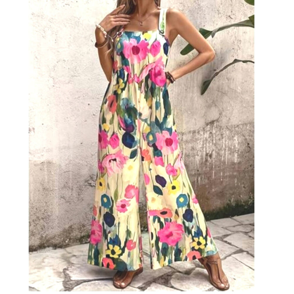 SHEIN EUC floral jumpsuit overalls colorful bold Medium beige pink blue yellow